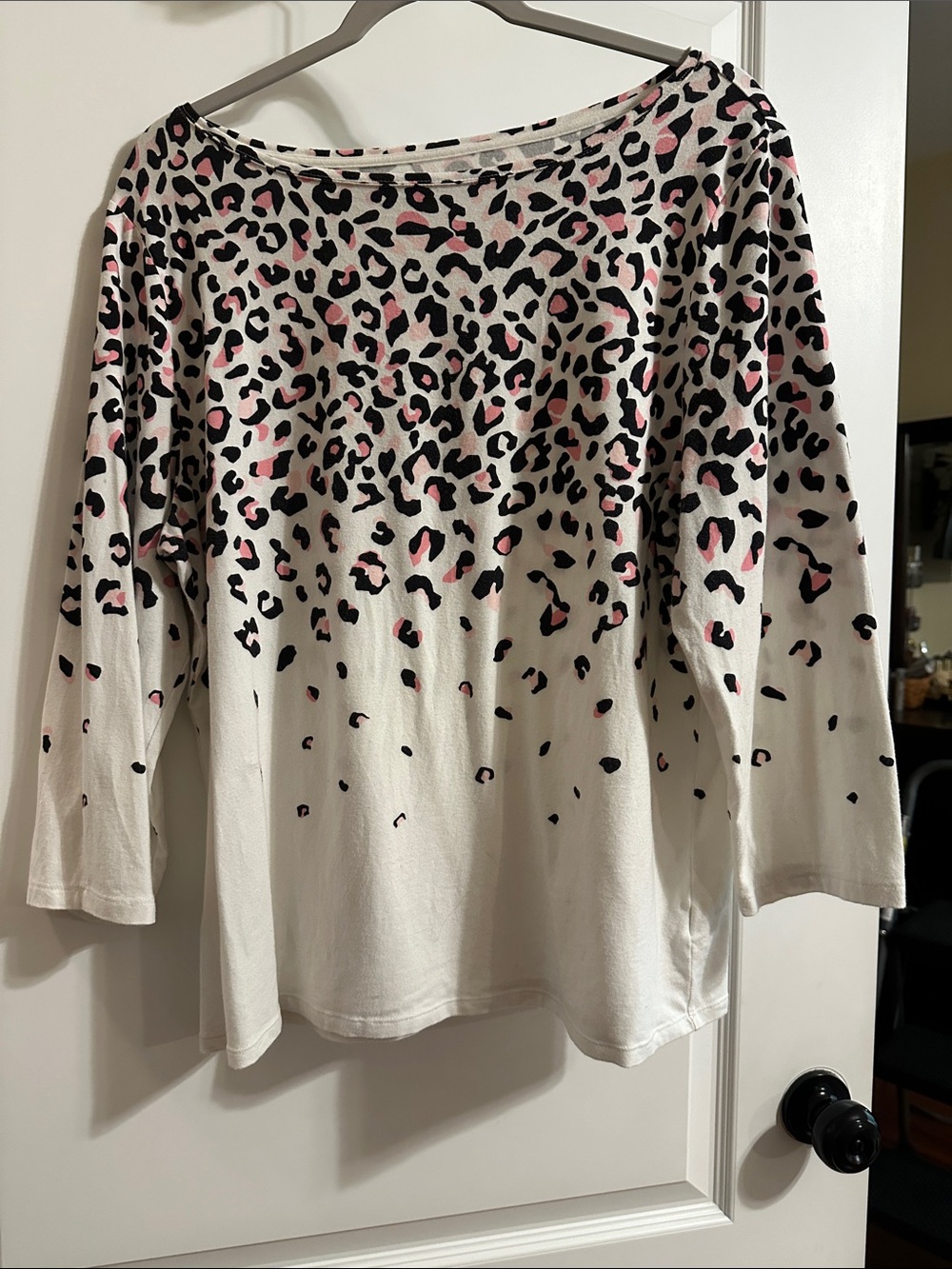 Talbots White Leopard Print Boatneck Top with Pink and Black Spots